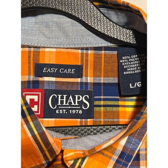 Chaps Mens Plaid Button-Down Shirt Size L Orange/Blue Short Sleeve Easy Care Cot - Picture 8 of 9